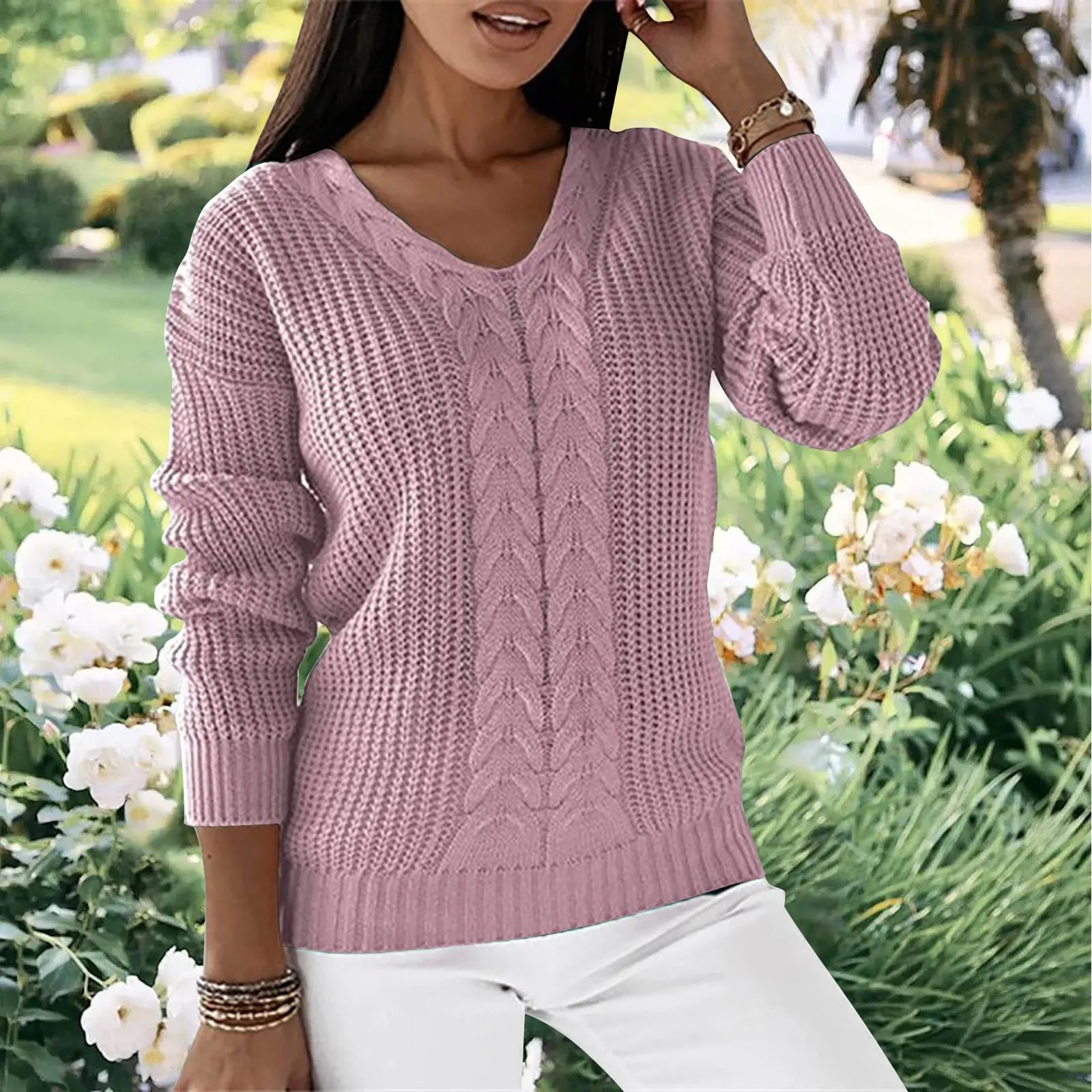 Jersey de punto ajustado para mujer, suéter de manga larga con cuello en V, Simple e informal, Color sólido, Otoño e Invierno