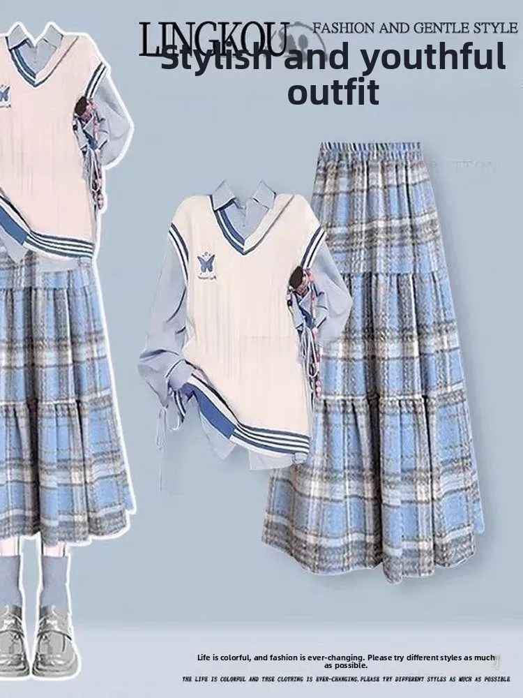 

Autumn Winter Gentle Sle Women's Korean Version Vest irt Plaid Skirt Tee Piece Set Faionable Versatile Outfit