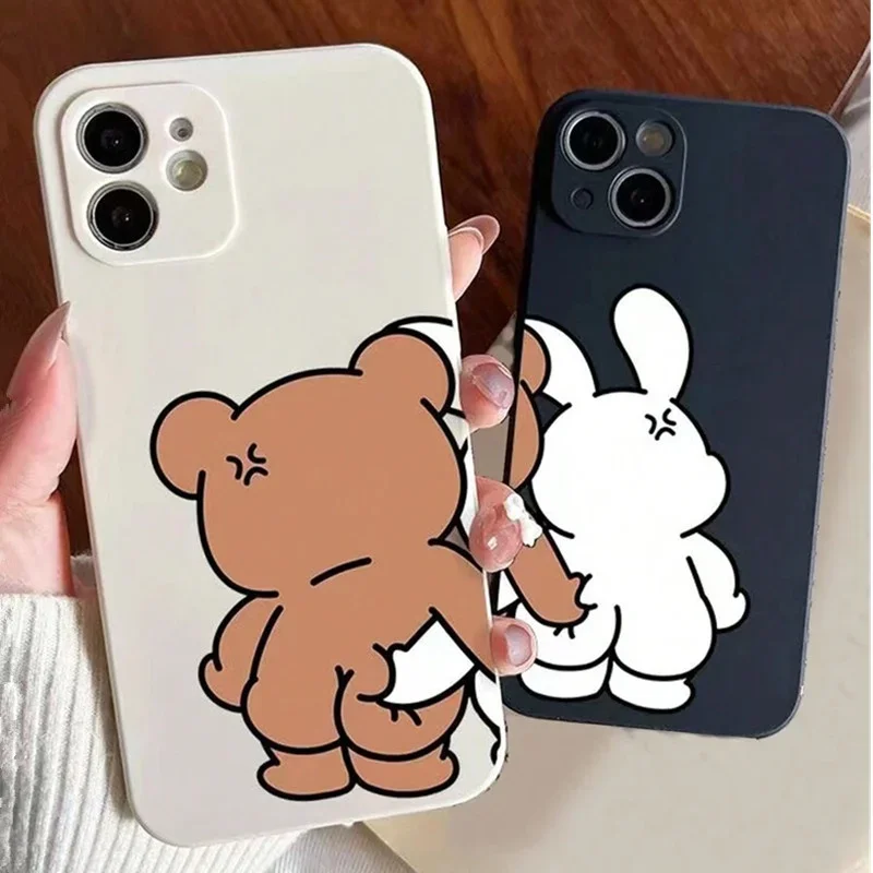 Couple Cartoon Rabbit & Bear Pattern Cases For iPhone 16 15 12 13 14 11 Pro Max 7 8 Plus 16e XR XS Max SE 2022 16Pro Soft Cover image 2