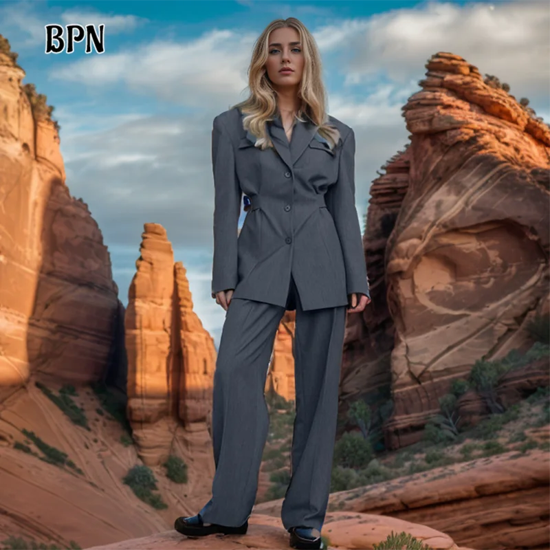 

BPN Solid Two Piece Sets For Women Notched Collar Long Sleeve Spliced Button Blazers High Waist Wide Leg Pants Casual Set Female