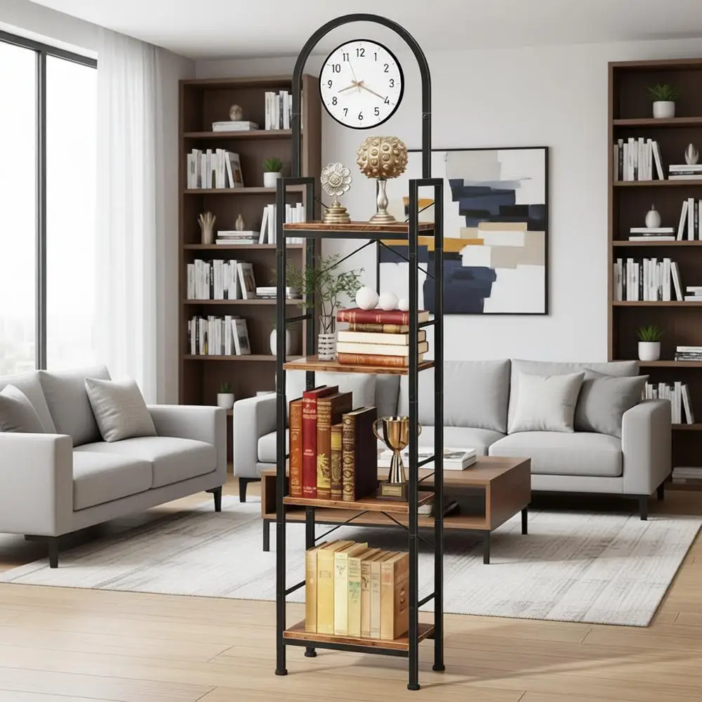 

4-Tier Arched Bookshelf with Clock, 68.2 Tall, Suitable for Living Room, Bedroom, or Home Office, Rustic Brown