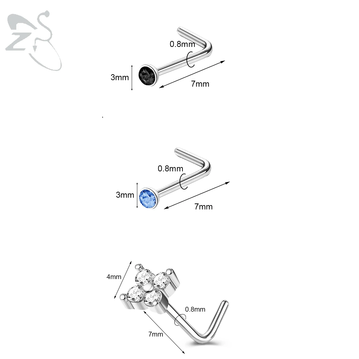 3pcs Stainless Steel Nose Stud Set with Crystals