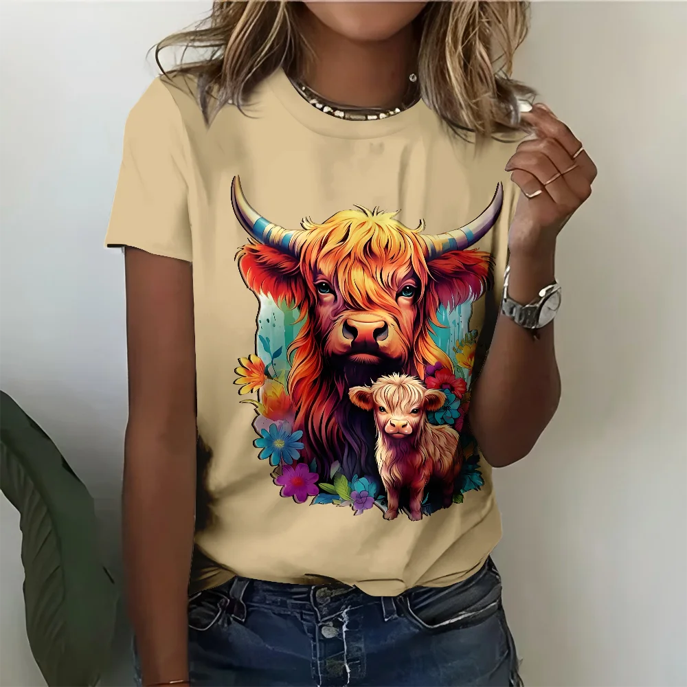 

Colorful Cow Art Beige Pattern Women's T-shirt - Playful Farm Style Casual Fashion Loose Khaki Short sleeve