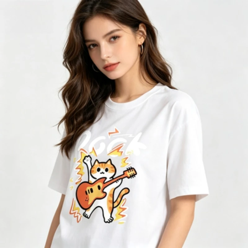 Rock Cat Guitar T-Shirt,  Playing Electric Guitar Music Graphic Tee, Casual Black White Top for Men Women