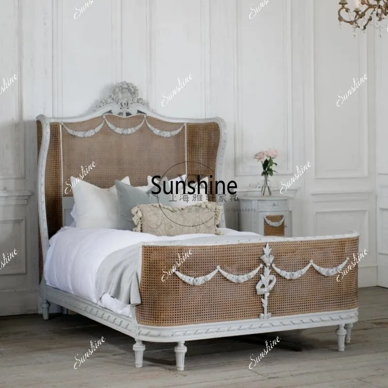 French rattan solid wood high-end old retro high-back princess bed
