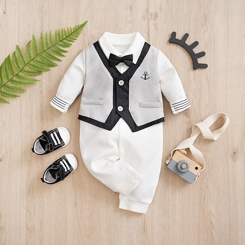 Newborn Boy Casual And Comfortable Gentleman Bow Splicing Fake Vest Cartoon Anchor Spring And Autumn Long Sleeved Baby Jumpsuit