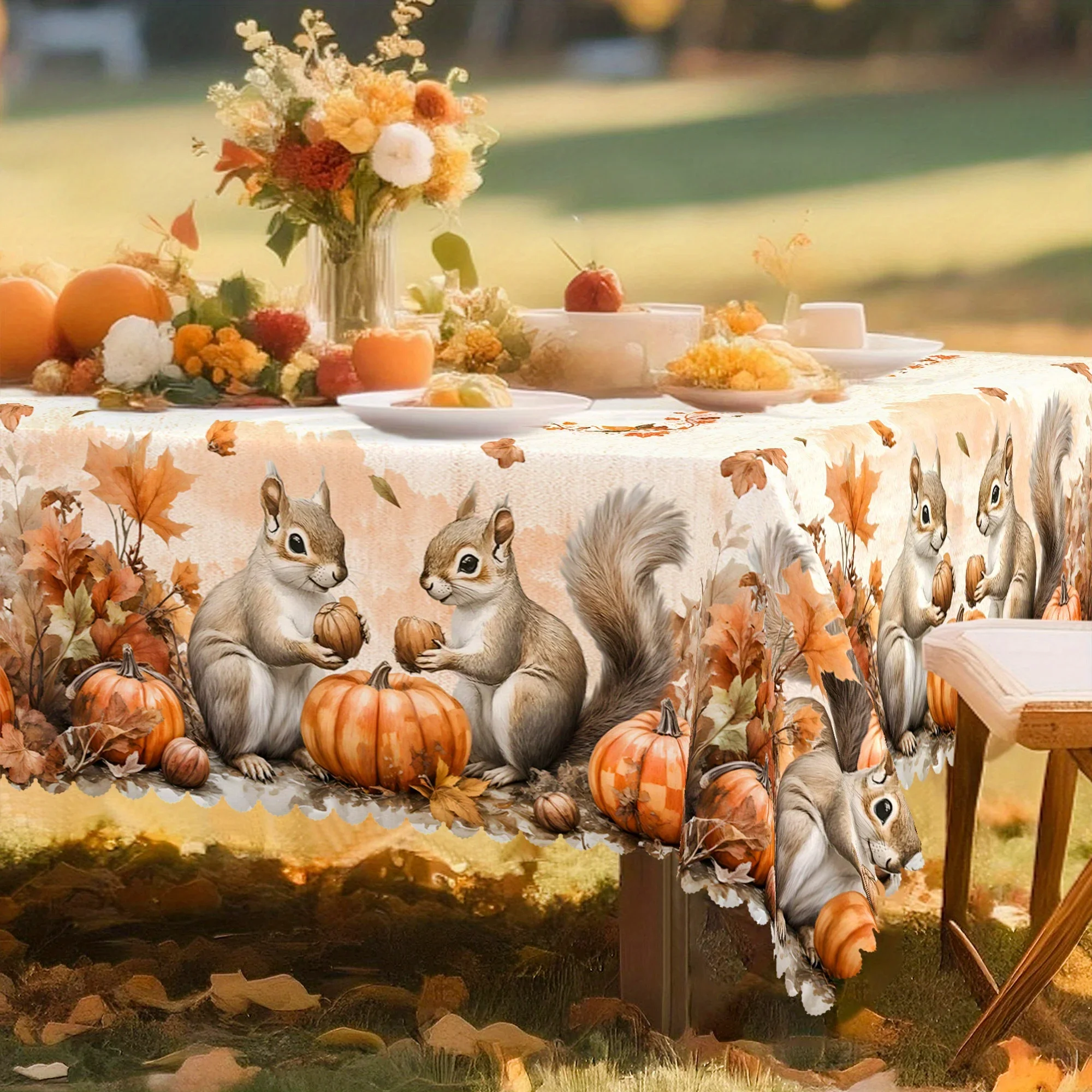 One autumnal country-style beige tablecloth with a pattern of squirrels, pumpkins and maple leaves, yzb