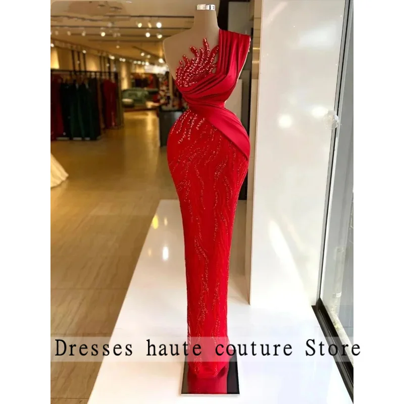 Lange avondjurk met één schouder, luxe kralenparels, vloerlengte, rode formele bruiloftsgast, feestjurk, jurk voor speciale gelegenheden