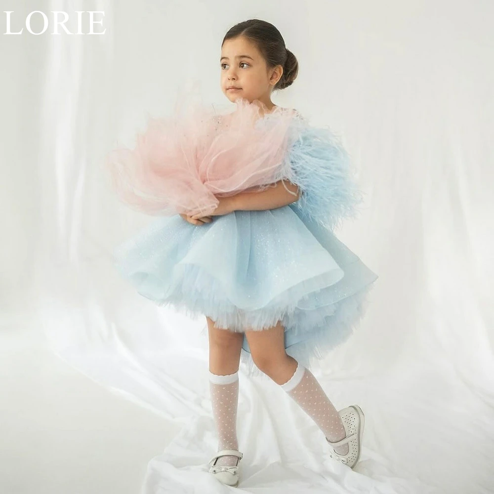 

LORIE Glitter Sky Blue Flower Girl Dresses A-Line Feathers Crystal Spaghetti Strap Pleated Fairy Party Birthday Dress Customized