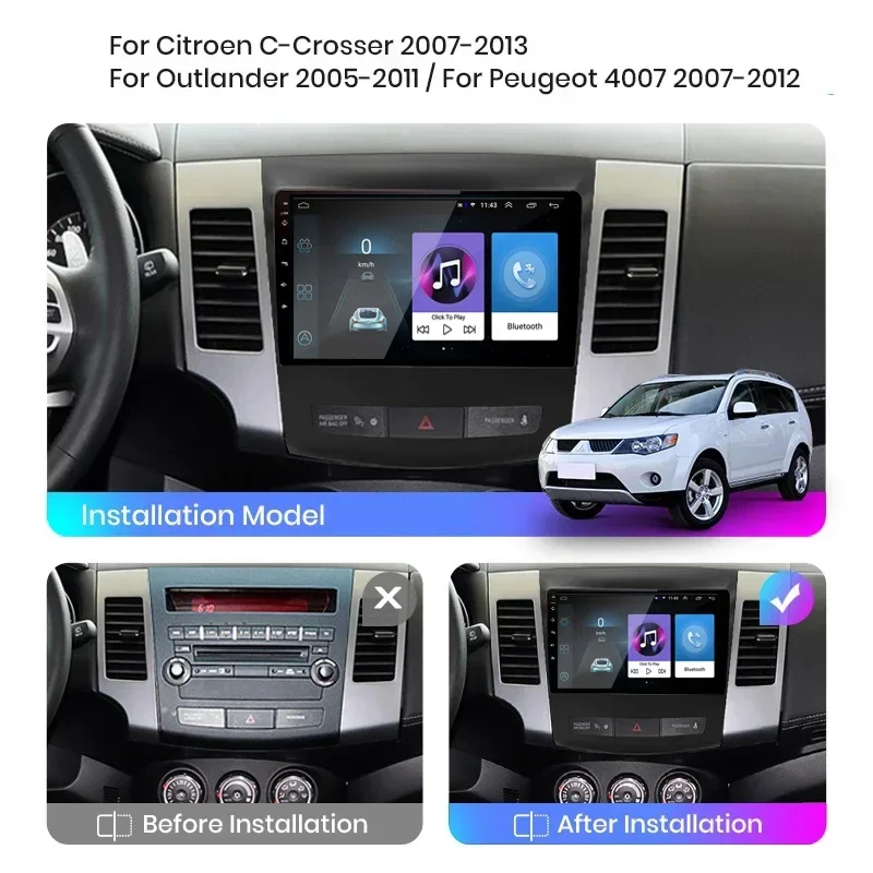 Android 13 Rádio do carro para Mitsubishi Outlander XL 2 2005-2011, Citroen C-Crosser, Leitor multimídia, Carplay, Auto GPS Navi