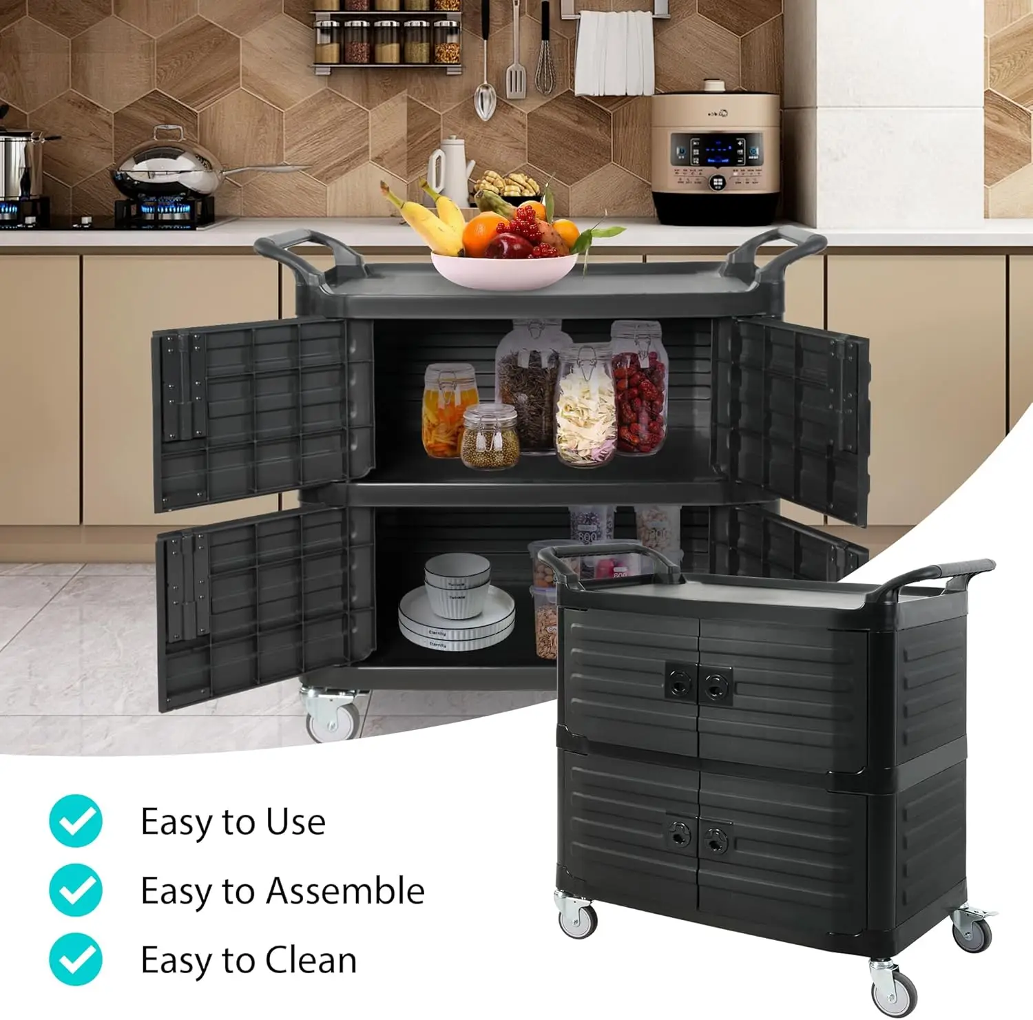 3-Tier Service Utility Carts on Wheels, Mobile Kitchen Cart with Handle & Storage Cabinet, Portable Rolling Cart for Home Hotel