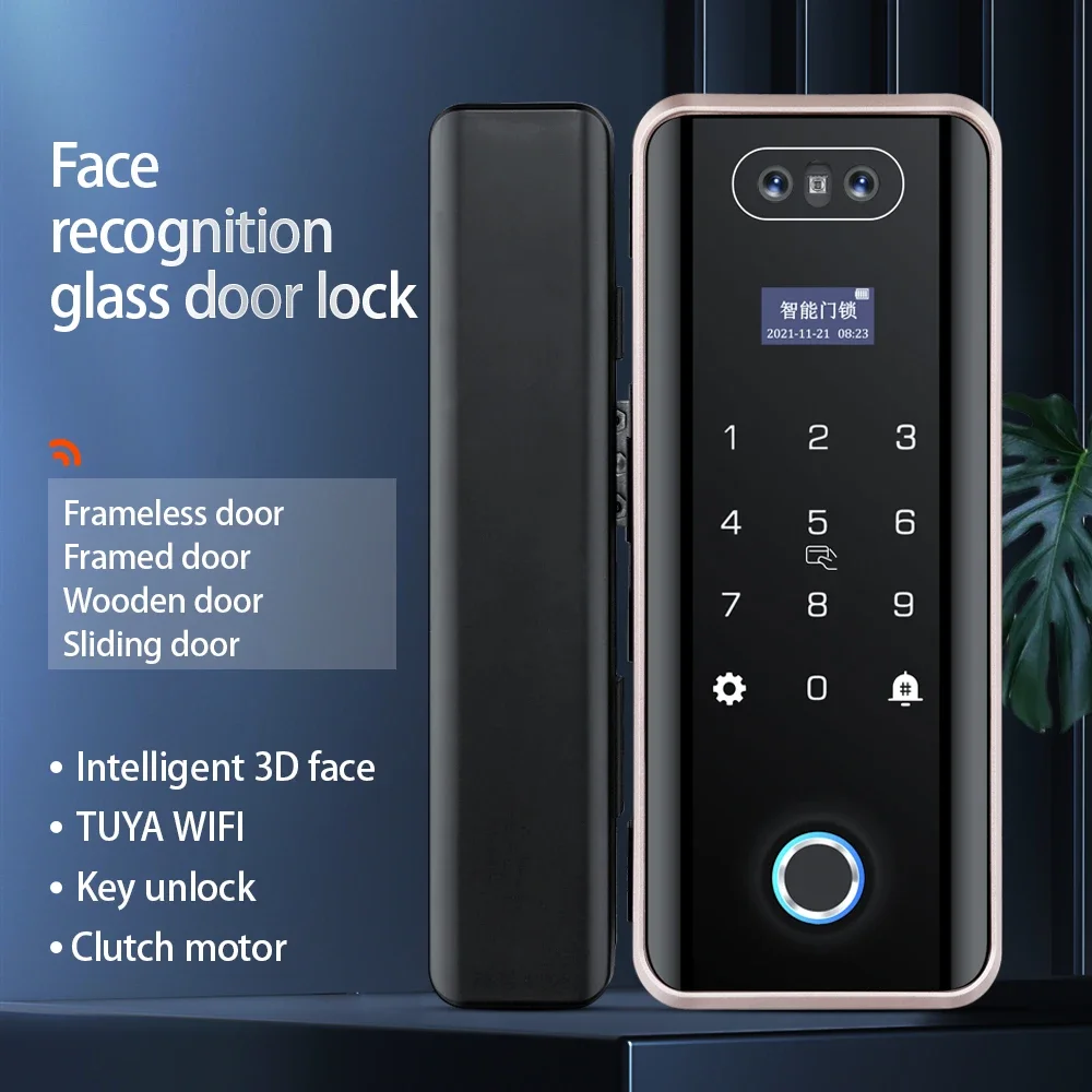 Keyless digital lock card password fingerprint TUYA APP intelligent 3D face recognition smart glass door lock with camera