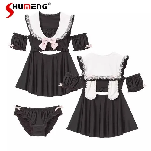 Japanese Style Sweet and Cute Swimsuit Mine Rabbit Ears Sailor Collar Bow Split Swimwear Bikini Bathing Suit for Women