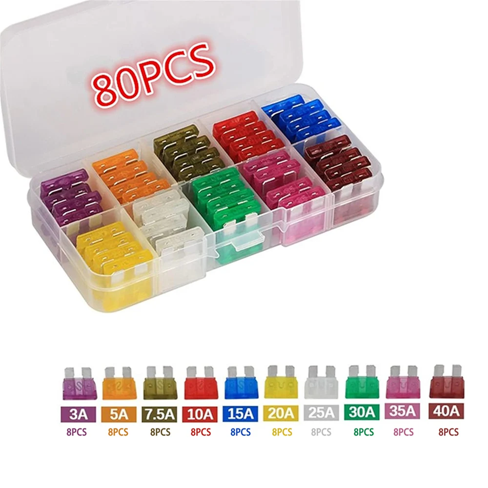 80Pcs Fuse Kit, Replacement Fuses Kit for RV Truck Motorcycle(3Amp 5A 7.5A 10A 15A 20A 25A 30A 35A 40A)  Standard Size Fuses