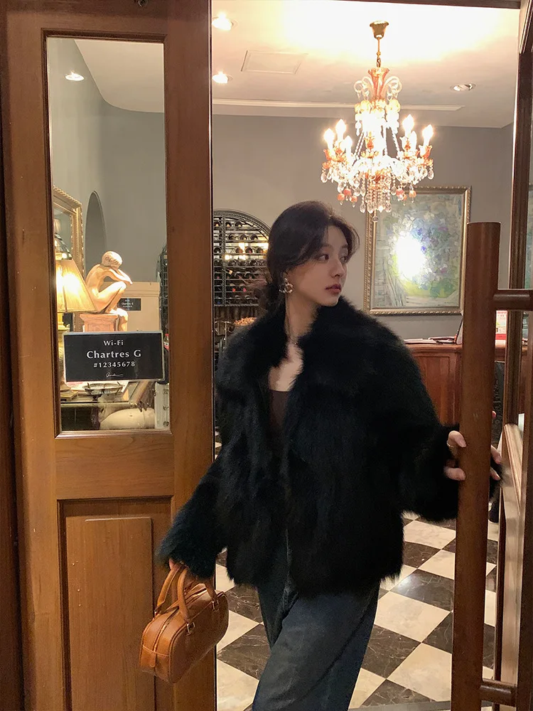 Women Faux Fox Fur Coats Solid Short Jackets Long Sleeves Turn Down Collar Open Stitch Loose Elegant Casual 2026 Autumn Winter