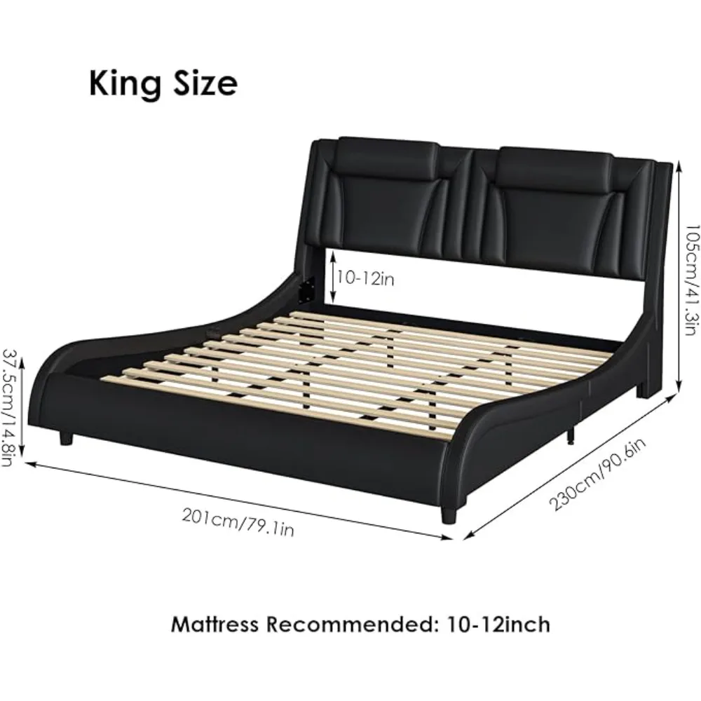 Modern Upholstered Bed Frame with Adjustable LED Headboard, Pu Leather Platform Bed with Wave-Like Curve Design and Solid