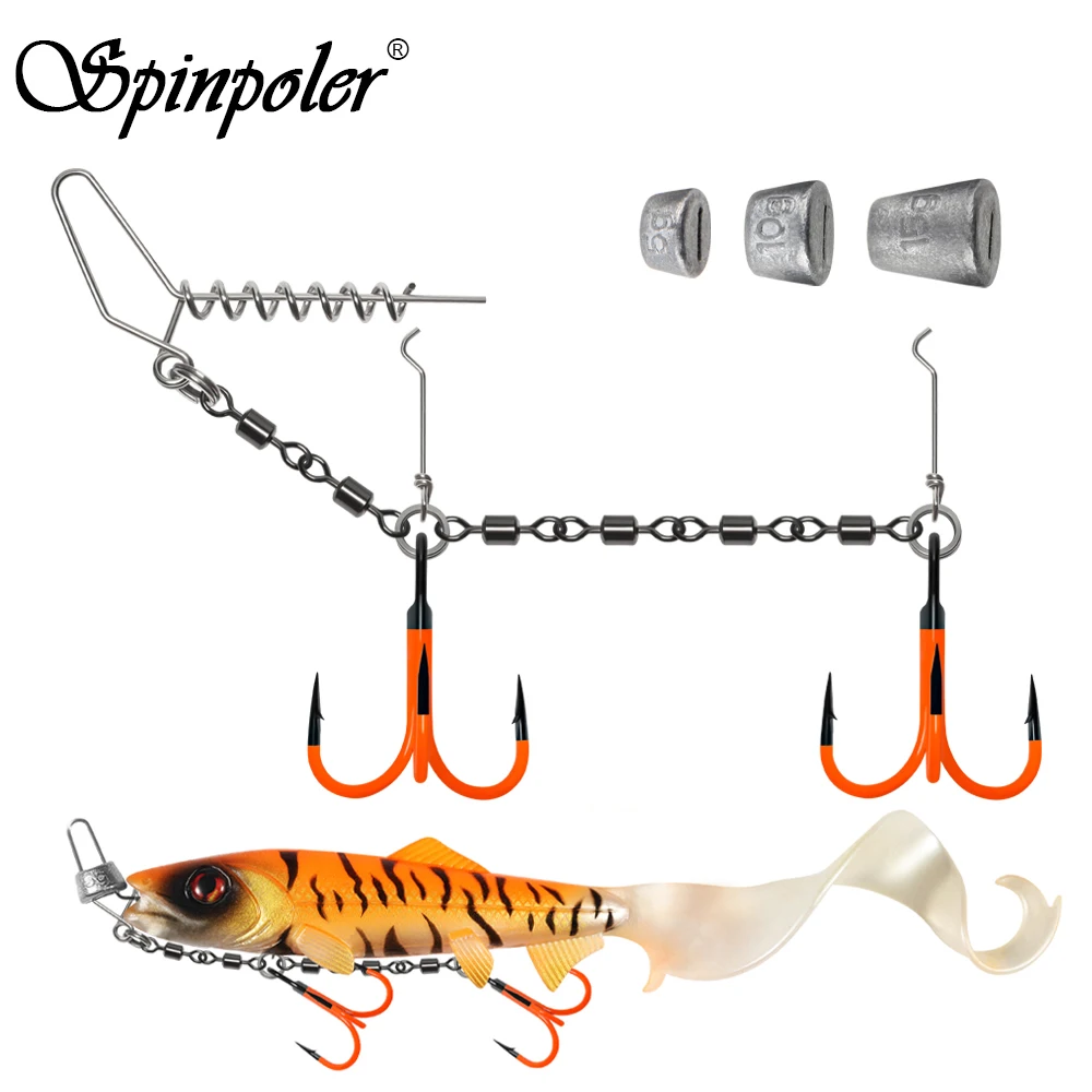 Spinpoler Flame Shallow Screw-In Swiwel Assistists Stinger Rig System With Sinker Weight Double UV Treble Hook For Soft Baits Shad