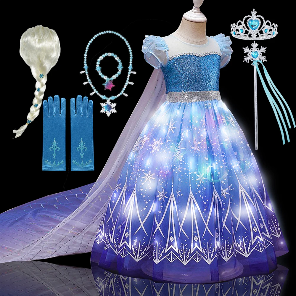 Kids Copslay Elsa LED Light Up Costume Girls Birthday Party Role Playing Princess Dress with Cape Fancy Carnival Halloween Dress