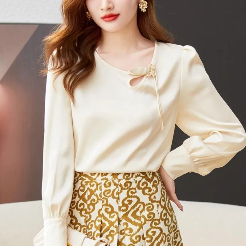 

Women's 2024 Spring Autumn New Fashion Commute Solid Color Bow Round Neck Satin Slim Chiffon Blouses Long Sleeve Pullover Shirts