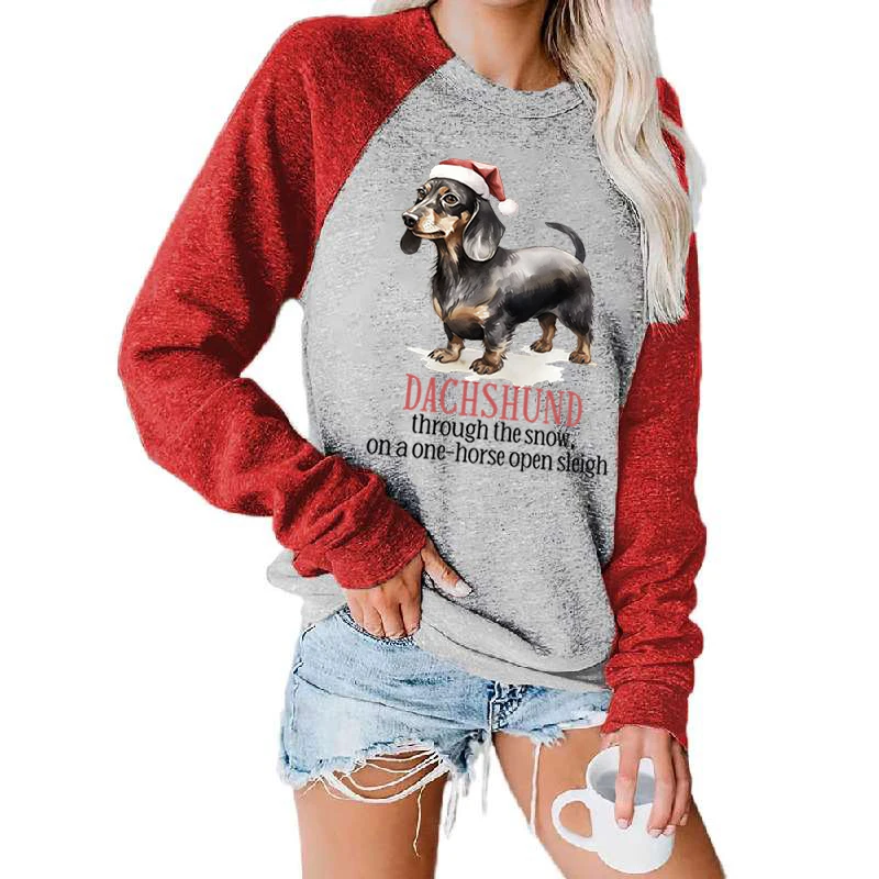 

Christmas Dachshund Print Long Sleeve Tee Shirts For Women Casual Loose Sweatshirts Plus Size Tops Comfy Fashion Pullovers S-XXL