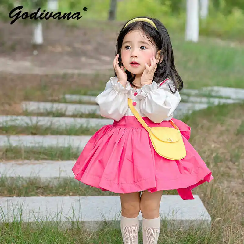 Sweet and Cute Baby Girls 2026 New Summer Lolita Princess Dress Kids Puff Sleeve Doll Collar High Waist Performance Ball Gown