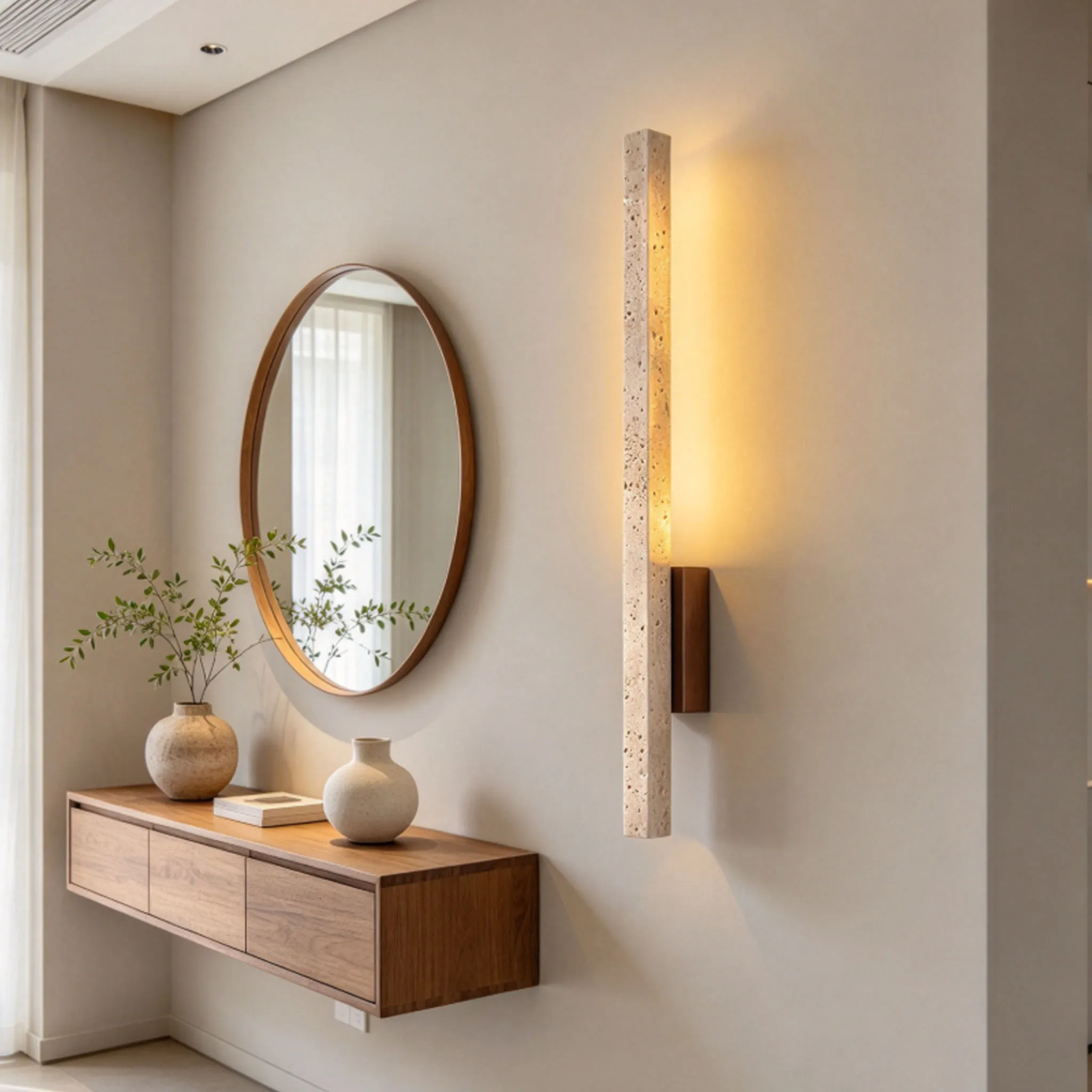Long Strip Travertine Wall Lamp LED Wall Sconce Wabi‑Sabi Natural Stone Wall Light Living Room Corridor Staircase Decor Lights