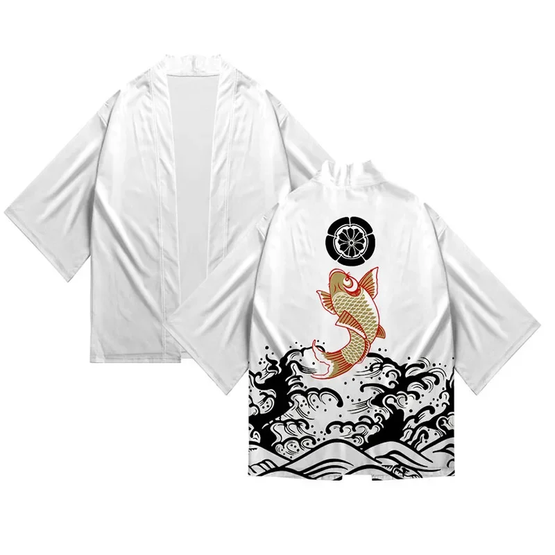 سترة كيمونو جانبان للسيدات على طراز Ukiyoe الياباني برسومات سمك الشبوط كلاسيكية على الموضة للرجال سترة خارجية للشاطئ كاجوال للجنسين هاوري