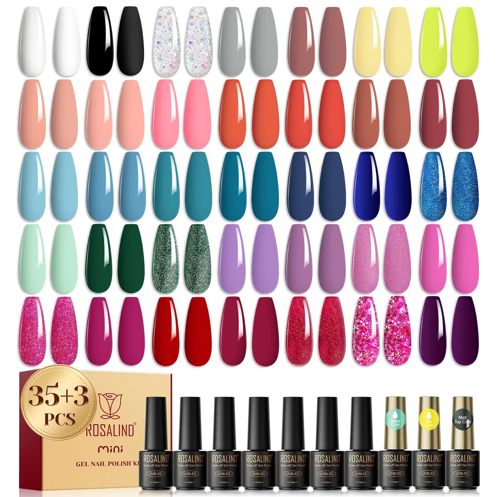 ROSALIND 38pc nagel kit gelt glitter uv Semi Permanente Manicure Soak Off Kits basisjas en toplaag gel nagellak langdurige