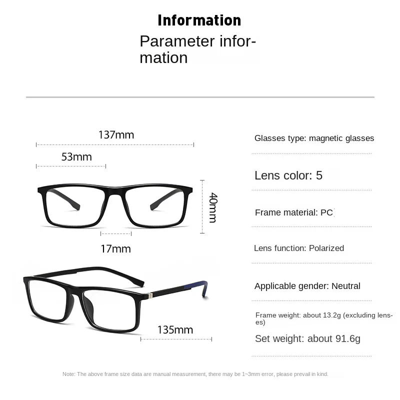 3302A Gradul Grey White Frame 6 in 1 Polarized Clips Magnetic Glasses Sunglasses With 5 Clips Magnet Can Be Customized