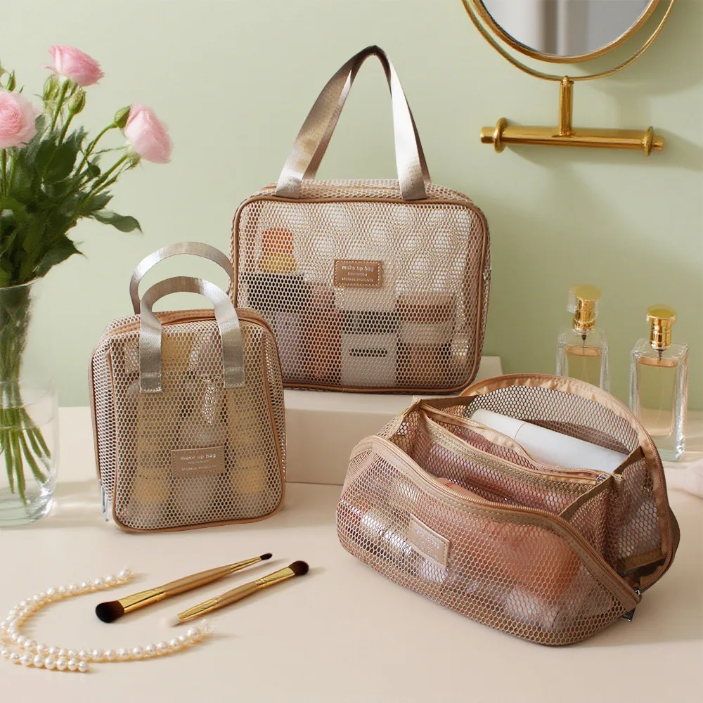 Multifunctional Mesh Travel Makeup Bag Large Capacity Portable Cosmetic Storage Bag With Compartments Handheld Toiletry Pouch