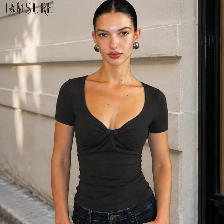 Women U‑Neck Short Sleeve T‑Shirt Front Twist Knot Design Slim Fit Solid Color Basic Casual Fitted Tops New Streetwear Versatile