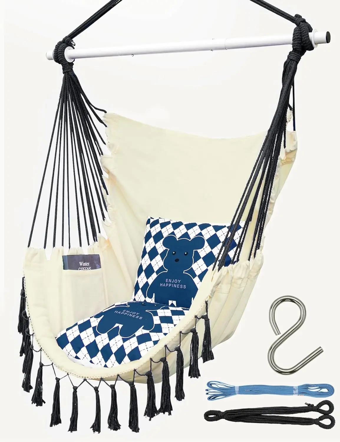 

High Density Hammo Chair Swing With Tassels, Max 355 Lbs, Comfy Hanging Chair With Side Pocket, Ludes Cute Cushions & Hanging