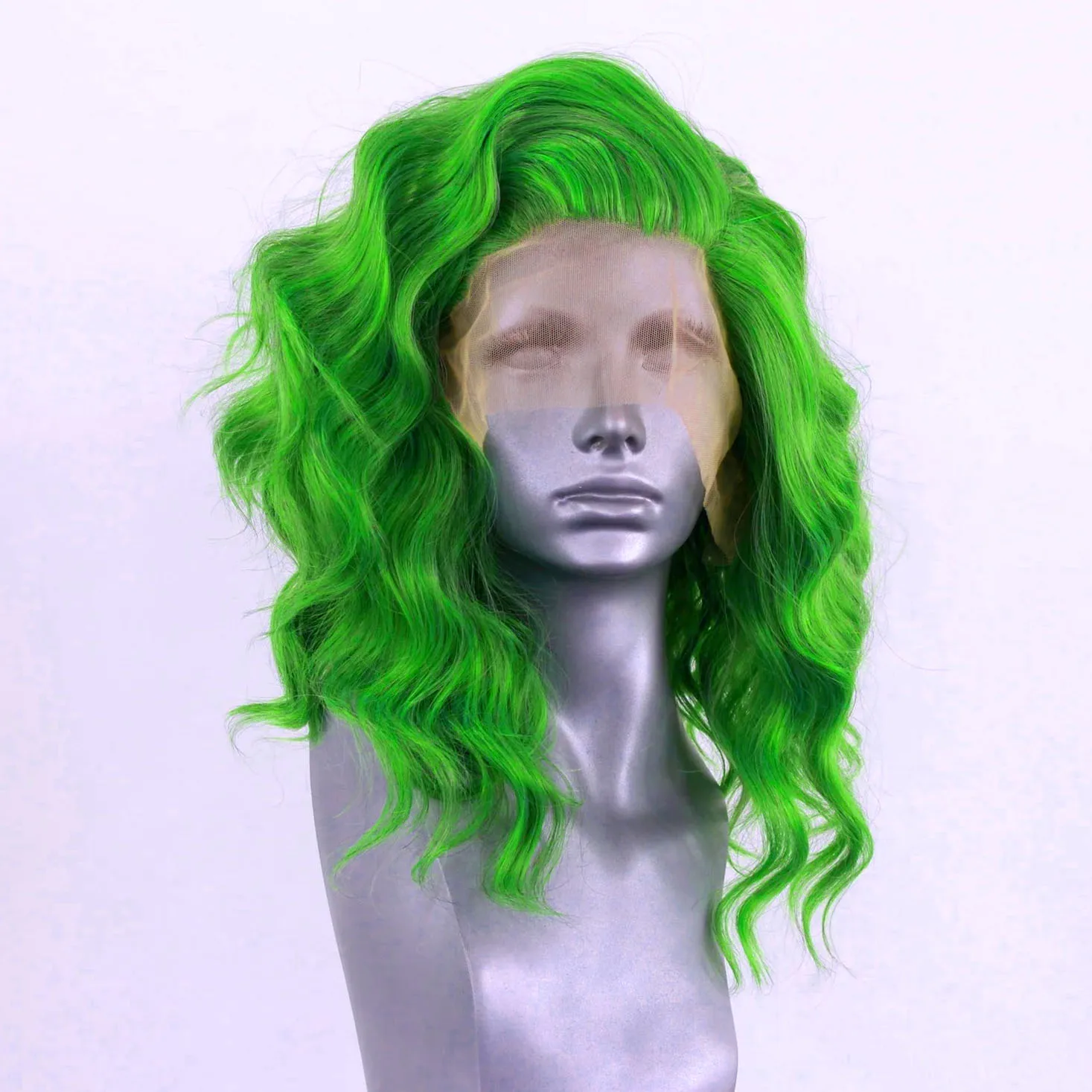 AIMEYA New Green Short Body Wave Wig Bob Synthetic Lace Front Wigs for Women Free Part Pre Plucked Natural Hairline Cosplay Wigs