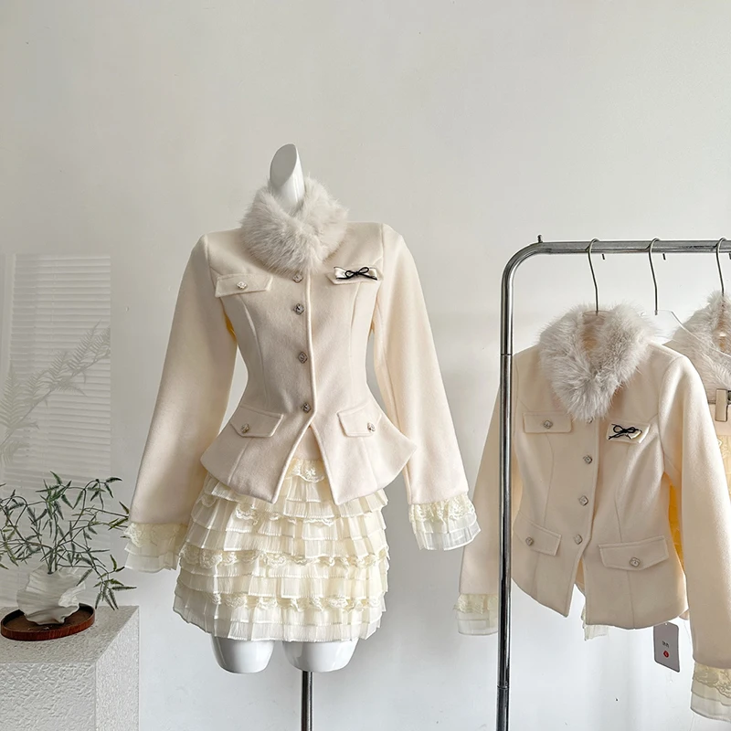 Small fragrant style fashion fur collar jacket+high waist slimming lace patchwork layered cake skirt women two-piece set