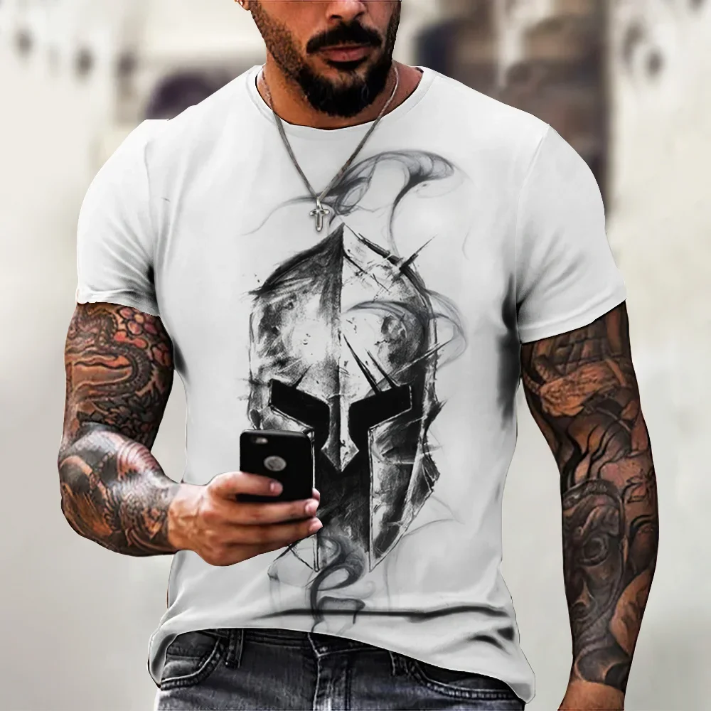 Hot Selling Men\'s 3d Printed Spartan Print Short Sleeve O Neck T-shirt Fashion Loose Street Personality Trend Retro Oversized To