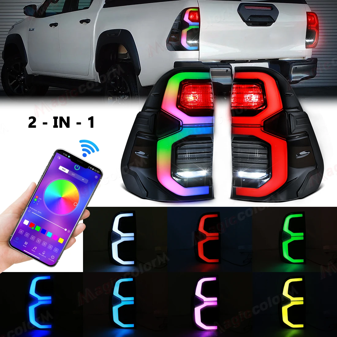 

LED RGB Taillight For Toyota Hilux Revo 2015-2022 Rear Brake Lamp Colorful Turn Signal Lights App Control Remote Tail Lamp