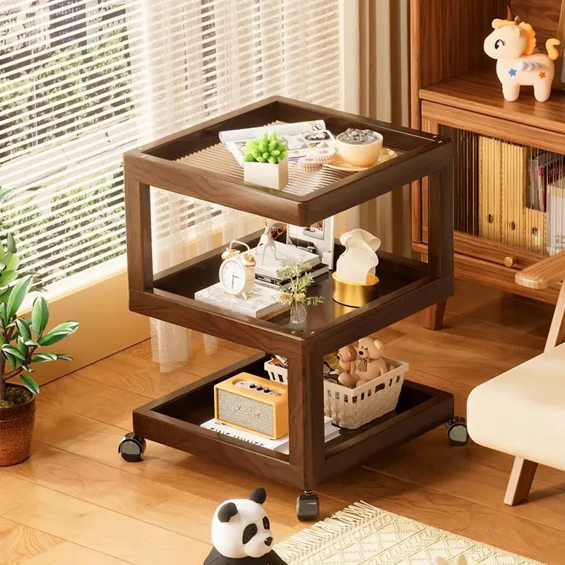 Geometric 3-Tier Bamboo Storage Side Table with Acrylic Surface & Wheels, Tea Brown Living Bedroom Furniture