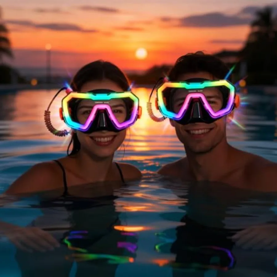 

Scuba diving mask for panoramic wide view underwater use, silicone material, black color, anti-fog and rechargeable LED lightin
