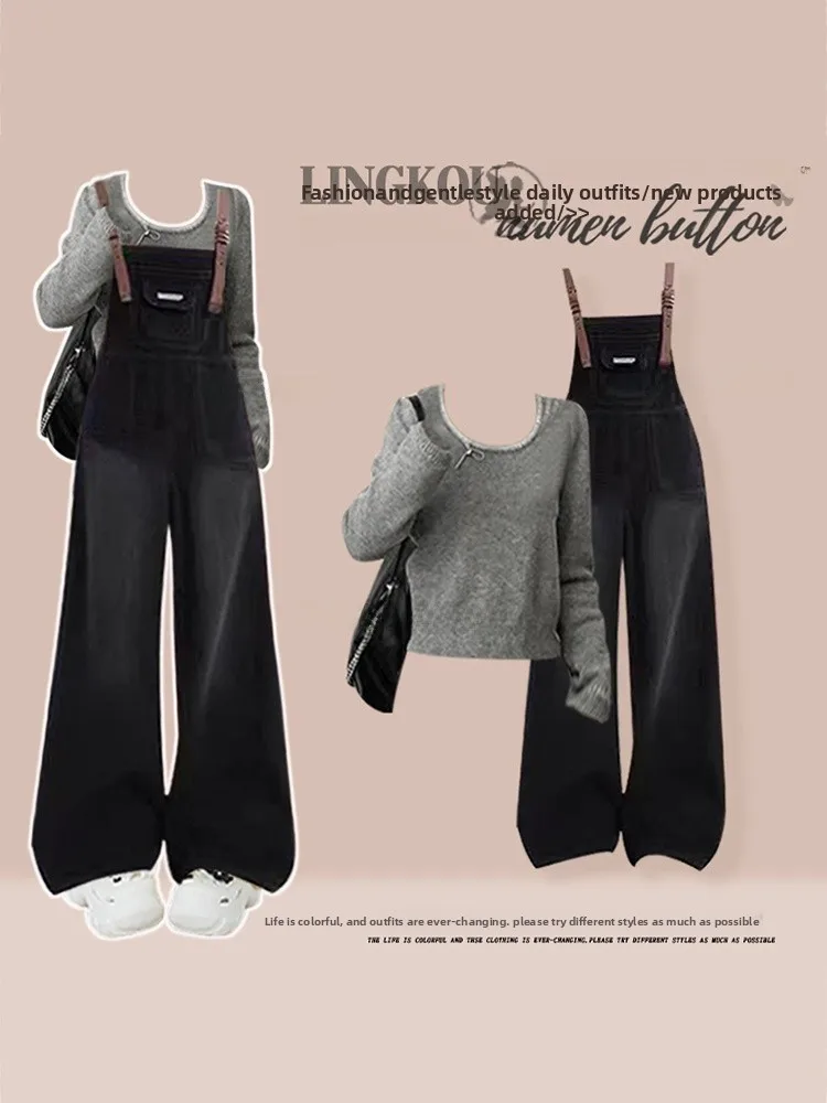 

Spring Large Size College Sle Knitted Top And Denim Overalls Women's Faion Set High Waist Long Pants round Ne Long Sve