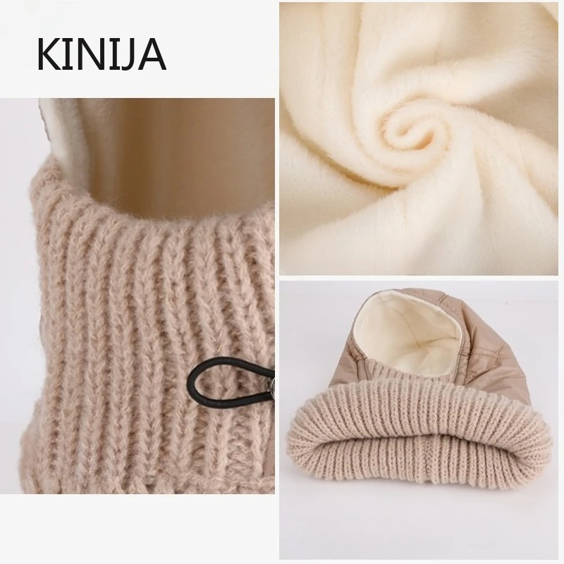 Женская зимняя цельная вязаная шапка с защитой ушей/шейи, утолщенная теплая шапка-балаклава для верховой езды, кемпинга, пешего туризма, кепка