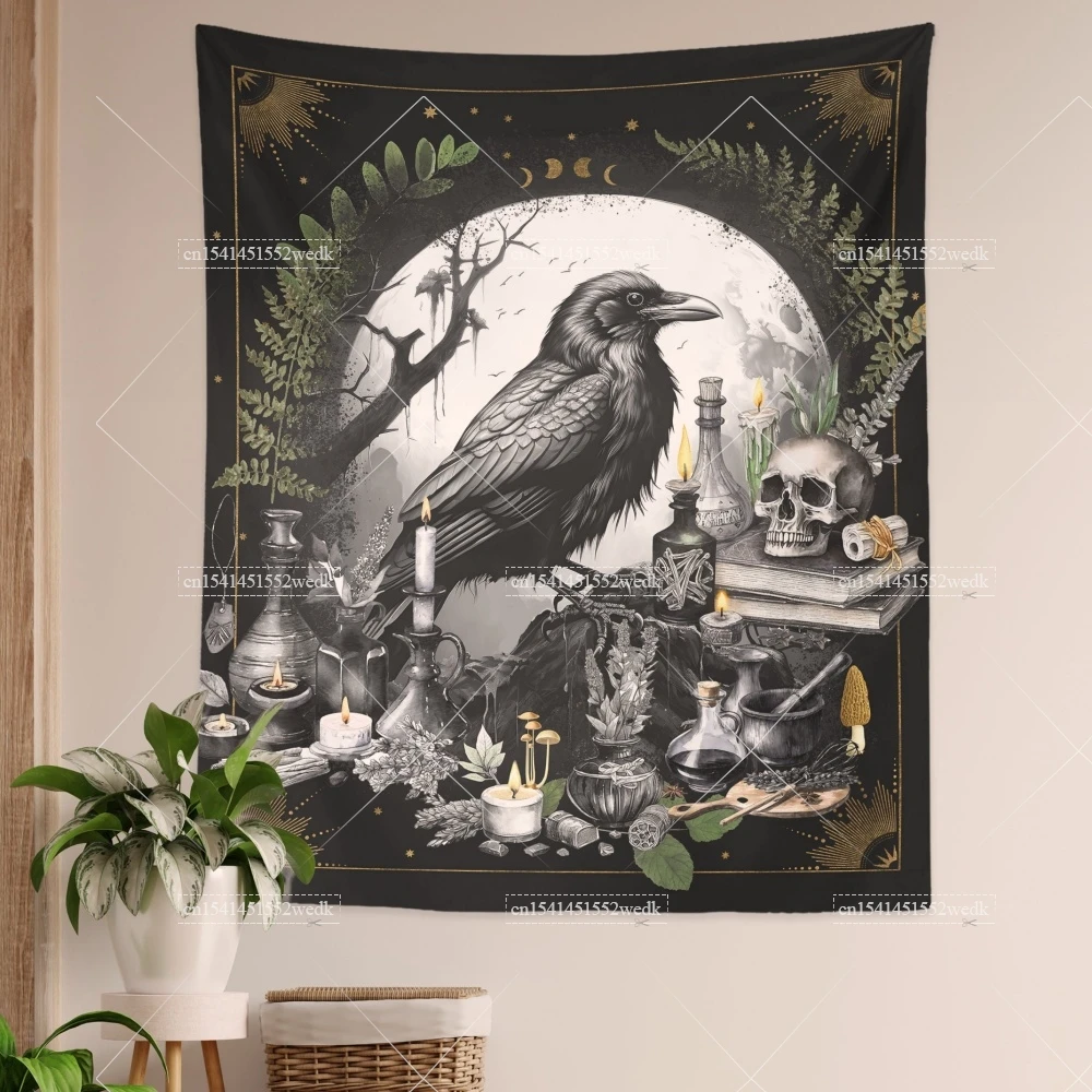 Gothic Raven Witch Tapestry Wall Hanging Skeleton Tapestries Dark Academia Crow Aesthetic Bedroom Decoration Tarot Altar Cloths