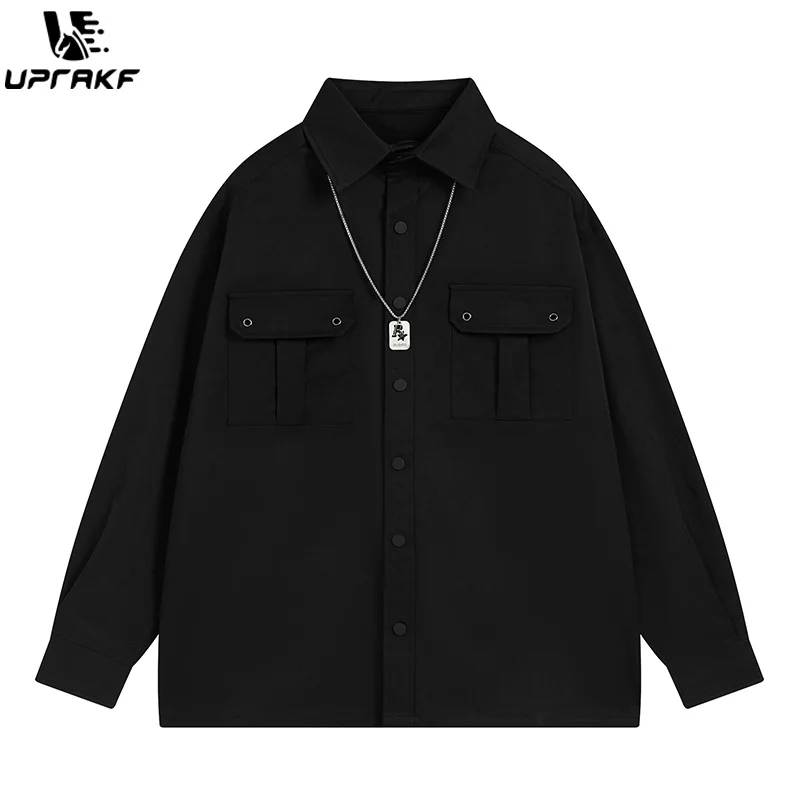 

UPRAKF Black Shirts Long Sleeve Polo Neck Fashion Double Pocket Necklace Casual Loose Autumn Button High Street Tops