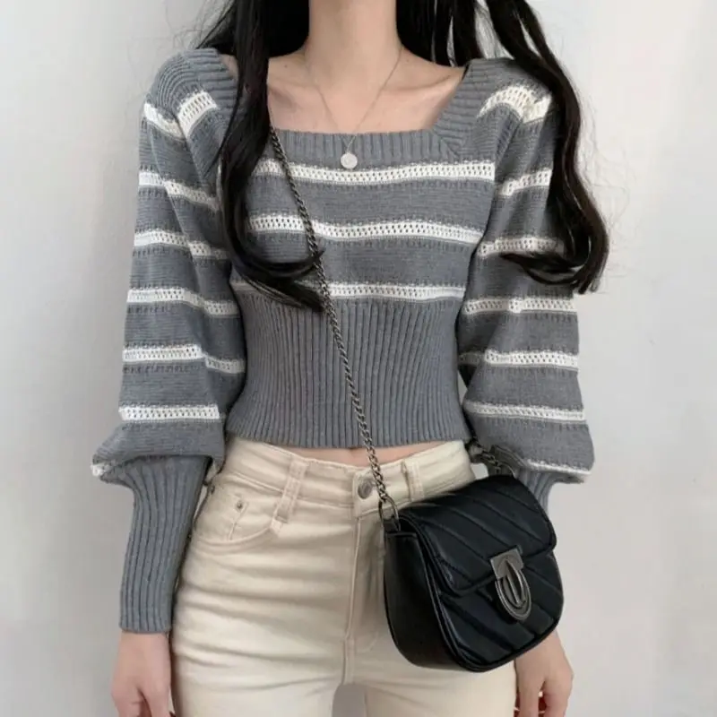 Vintage Cropped Sweaters Women Slim Chic Square Collar Basic Lady Knitwear Korean Fashion Autumn Cozy Long Sleeve Clothing Sales