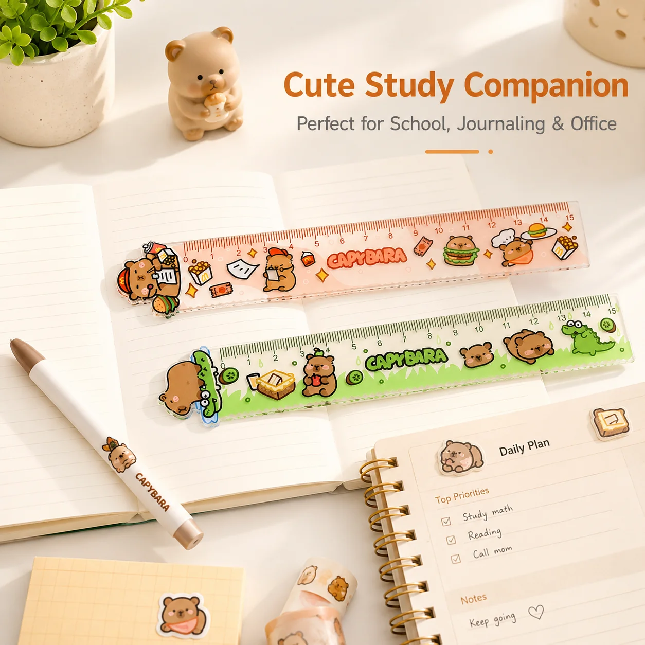 Capybara Cartoon Ruler, 20cm Acrylic Measuring Scale with Wave Line, Kawaii Stationery for Kids