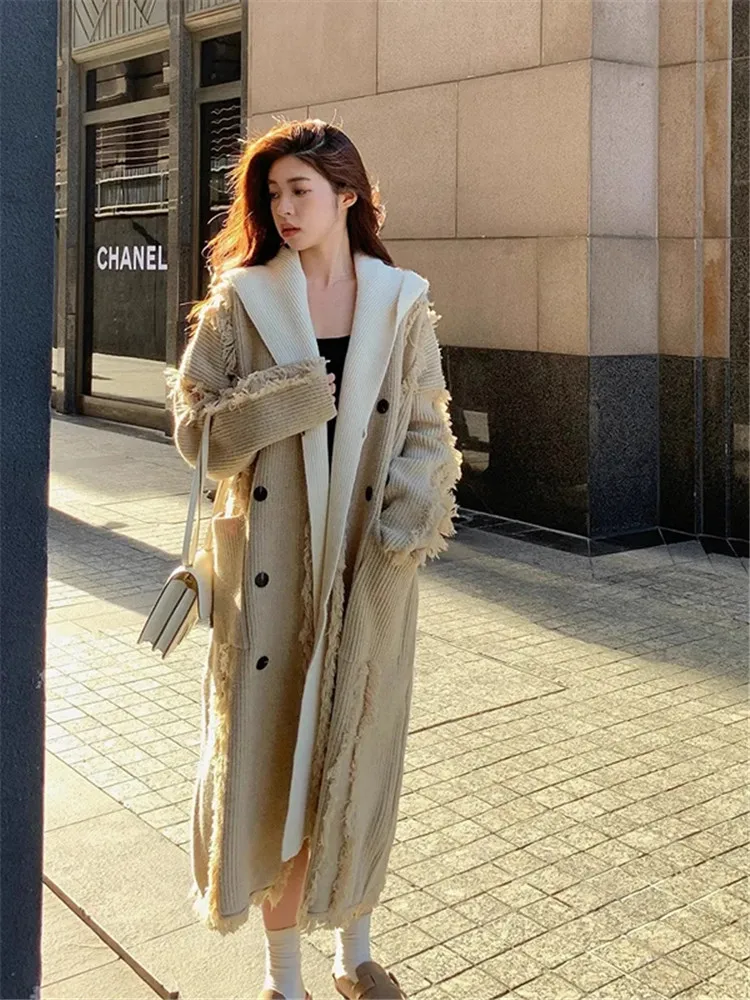 Korean Design Hooded Tassel Knit Cardigan Fake Two Women Autumn and Winter Long Loose Casual Female Sweater Overcoat Streetwear