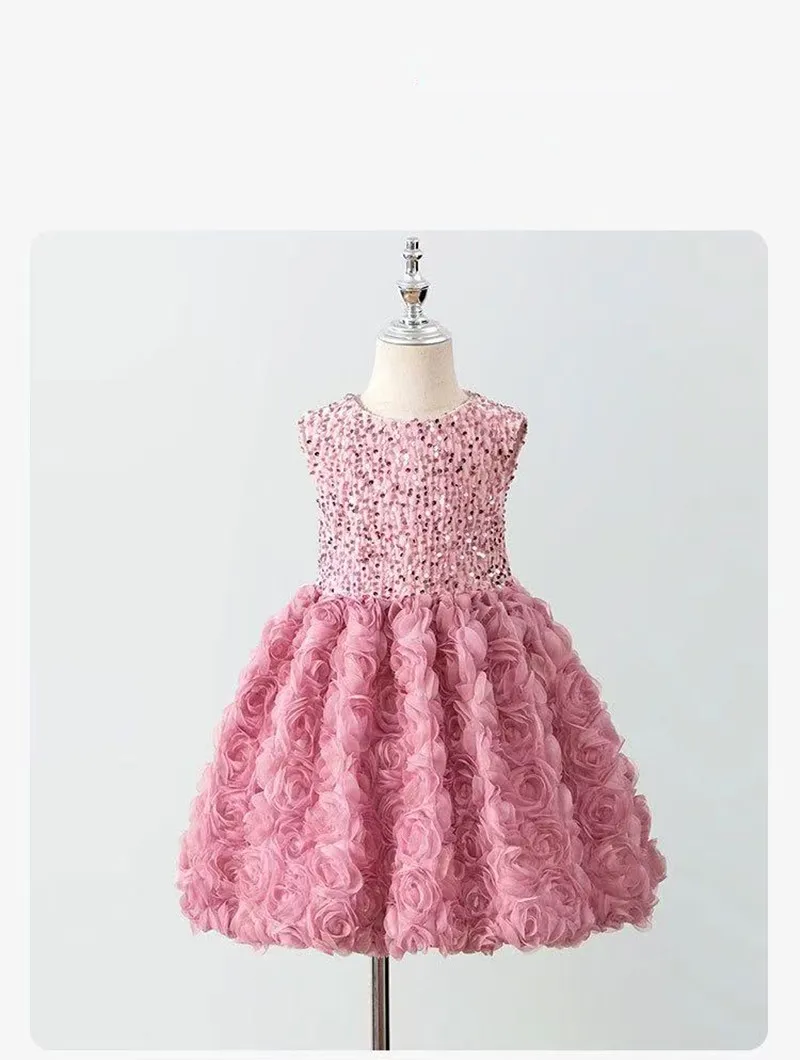 Princess Dresses Children Spring/Autumn 2026 New Arrivals Girls' Slip Puffy Skirts Girls' Rose Floral Formal Dresses 90-130cm