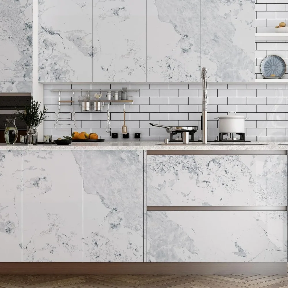 ورق اتصال كونترتوب رخامي لامع مقاوم للماء بعرض للغاية، مقاس 36 × 160 بوصة، قابل للتقشير واللصق لأسطح المطبخ والحمام