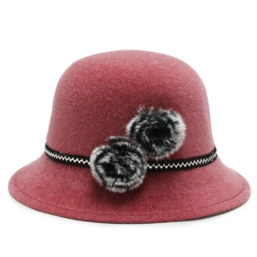Fashion Imitation Fur Ladies Bucket Cap With Flower Elegant Wool Hats Casual Vintage Basin Hat Autumn Winter