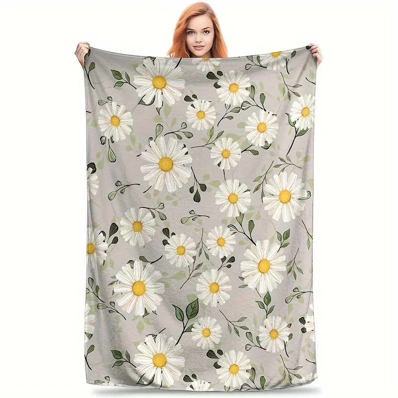 Cozy Daisy Pattern Throw Blanket - Vintage Bohemian Botanical Floral Motif Soft Lightweight Accent for Sofa Bed Travel Office
