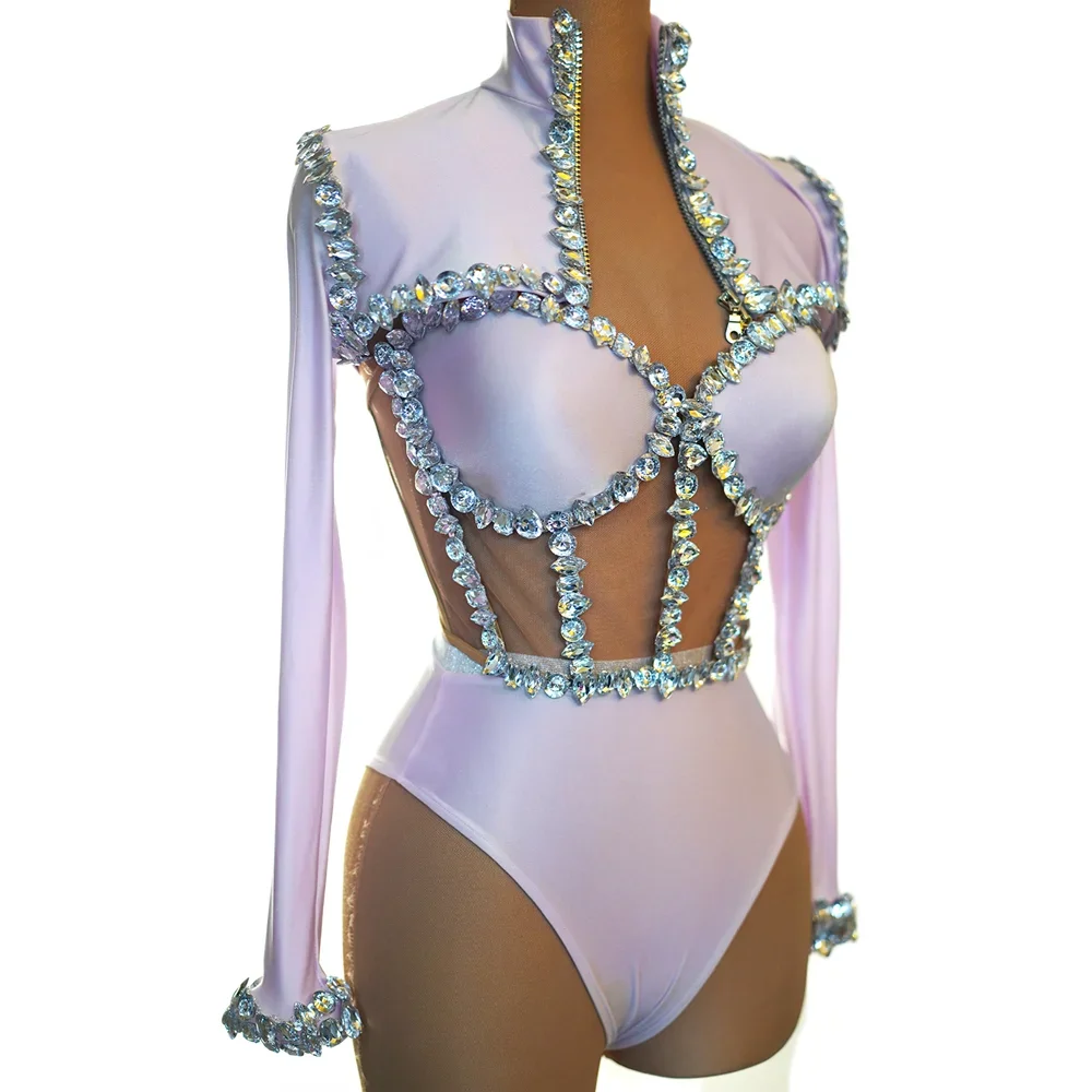 Fashion Long Sleeve Diamond Two-piece Jumpsuit Sexy Rhinestone Party Prom Club Bodysuits Women Dance Stage Performance Costumes
